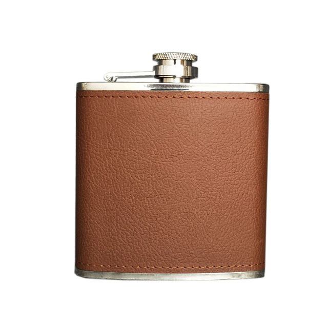 Leak Proof 18/8 Stainless Steel Pocket Hip Flask with Brown Leather Cover
