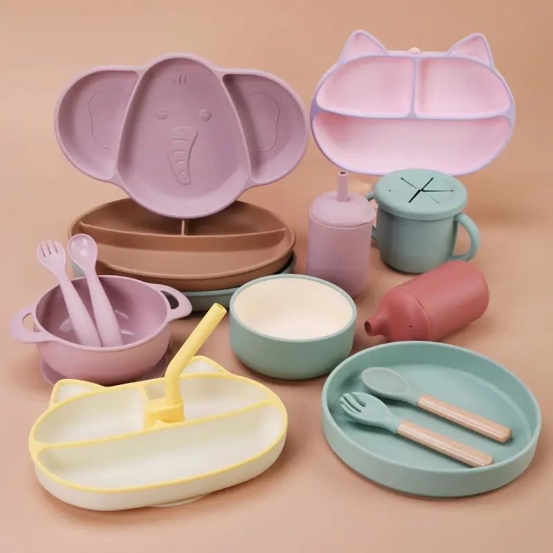 Baby Bib Placemat Silicone Bowl Plates Spoons Cup Baby Feeding Set