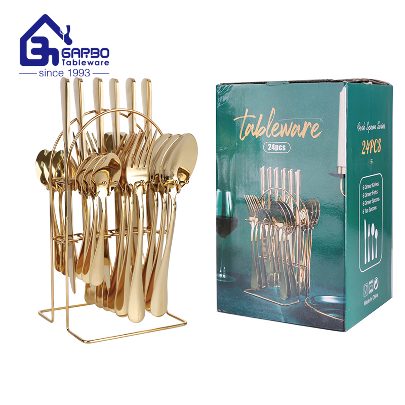 Wholesale Medium Budget Mirror Polish Stainless Steel 18-0 Gold Cutlery Set 24 PCS for Wedding with Frame