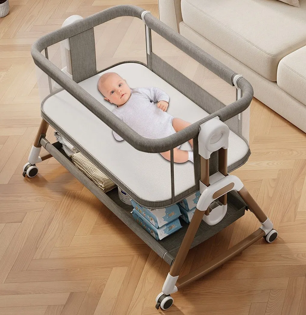Adjustable Baby Bassinet with Wheels, Storage Basket, Mattress, Easy Assemble & Folding Portable Baby Cradle