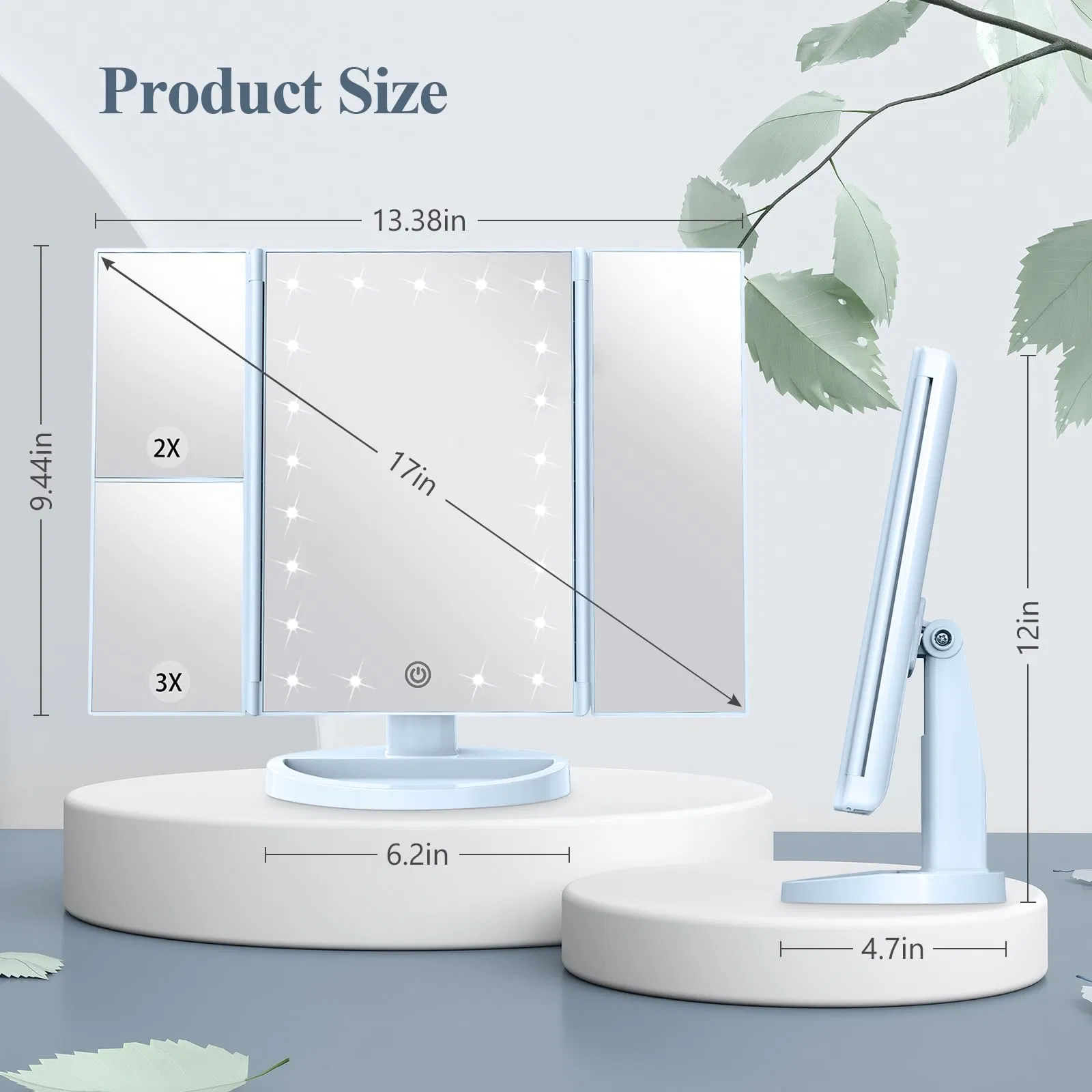 Modern 3-Sided Vanity Mirror with Lights - 2X/3X/10X Magnification, Touch Control, White (9.4X13.4 Inch) for Dressing Table & Bathroom