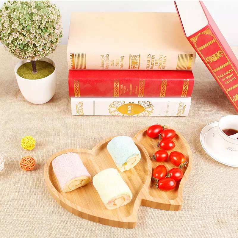 Heart Shape Divided Organic Bamboo Food Compartment Candy Dry Fruit Nut Snack Serving Plate