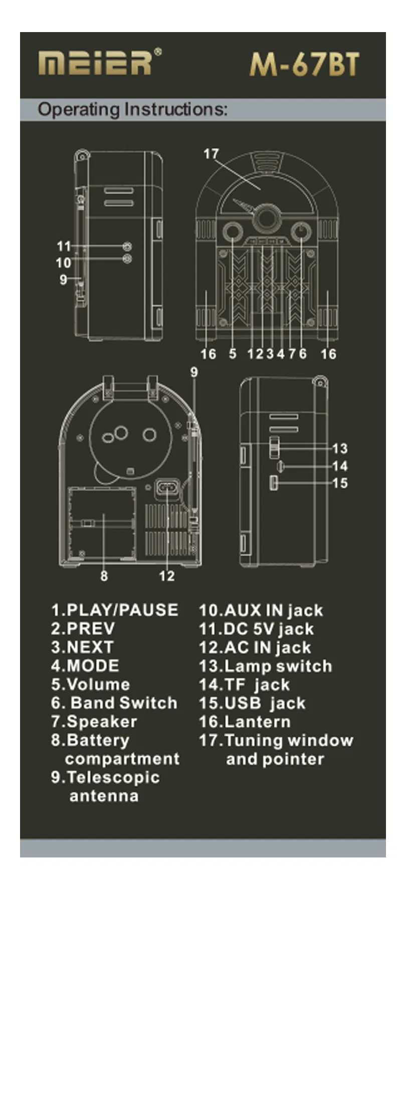 Old Radioportable 3-Band Am FM Sw Radio, TF Card and MP3 Player, Rechargeable Speaker, Bluetooth Retro Design The Stage Lights Meier Meier M-67bt