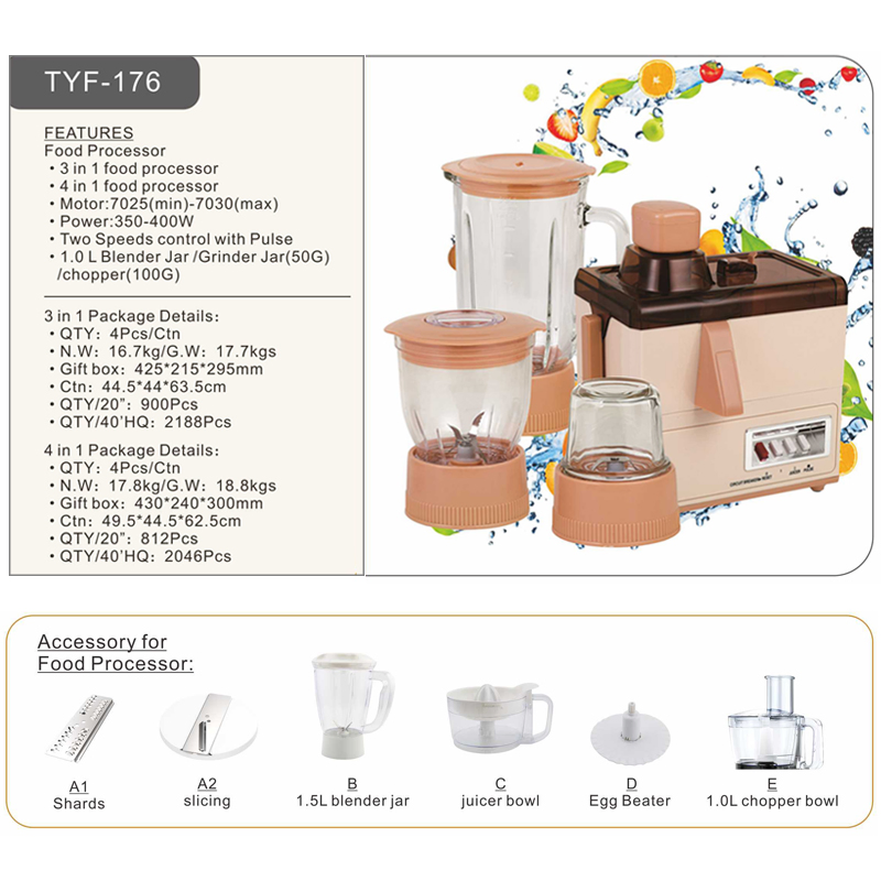 4 in 1 Multifunction Commercial Home Electric Mixer Juicer Blender Glass Food Processor with Meat Grinder Nut Fruit Chopper