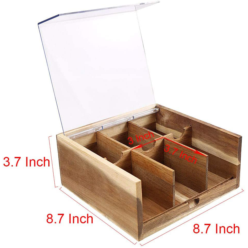 Acacia Wood Tea Bag Organizer Storage Box 6 Compartments Tea Chest Box with Acrylic Transparent Hinged Lid