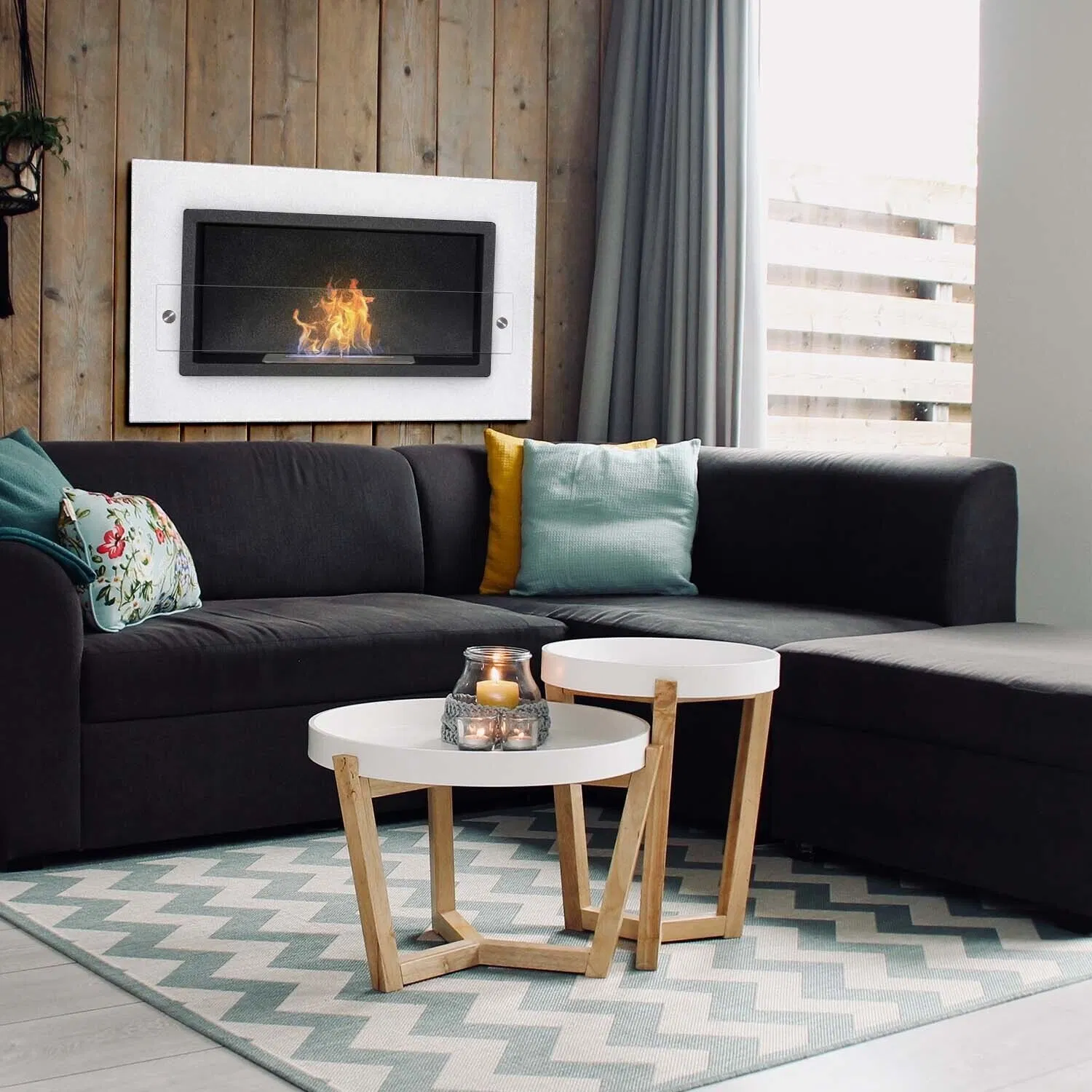 Bioethanol Fireplace Heater Wall Mounted Bio Ethanol Realistic Flame Effect White