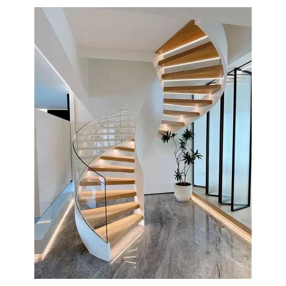 Prima Architectural Double Curved Staircase Australia Style with Hardwood Steps Steel Railings