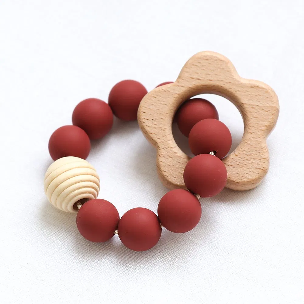 Amazon Food Grade Silicone Teether Bracelet Wooden Silicone Teething Ring for Baby