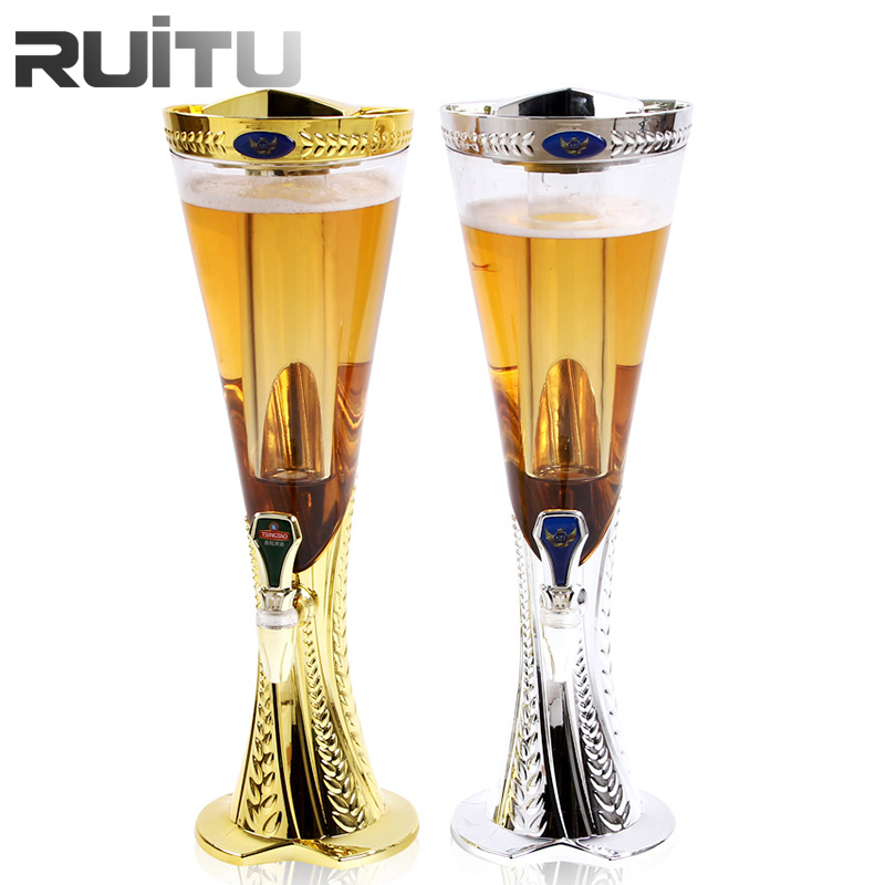 World Cup Trophy Soccer Bar Beer Drink Dispenser Machine Plastic Tabletop 1.5/3 Litres Plastic Draft Beer Tower with Ice LED Tube Cooling Champagne Tower