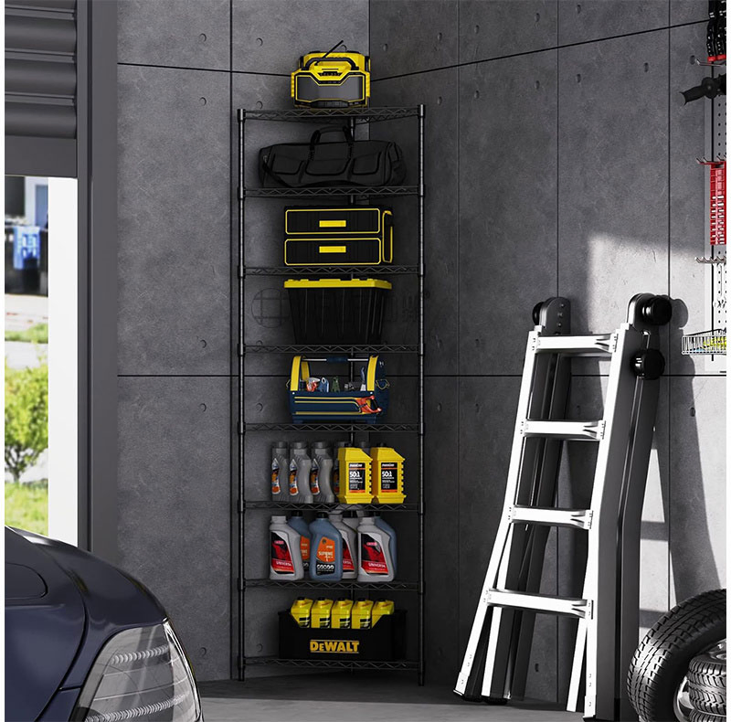 Vertical Triangle 8 Tiers Space Saving Storage Black Metal Corner Wire Rack
