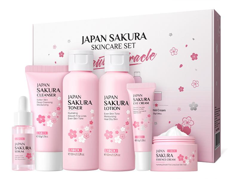Online Wholesale Ready to Ship Sakura 6PCS Best Skin Care Set Products Improve Wrinkle Rough Skin Cleanser Toner Serum Eye Cream Face Essence Cream