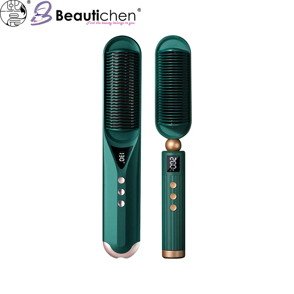 Beautichen Multi-Functional Hair Straightening Brush – Deep Green with Gold Accents, Digital Temperature Display, Ionic Technology for Straight & Curl