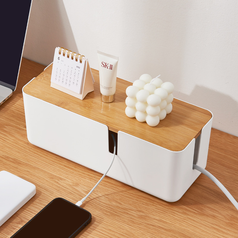 Bamboo Lid Carved Folding Cable Management Box Plastic Rectangle Power Strips Wire Organizer Socket Hiding Cables