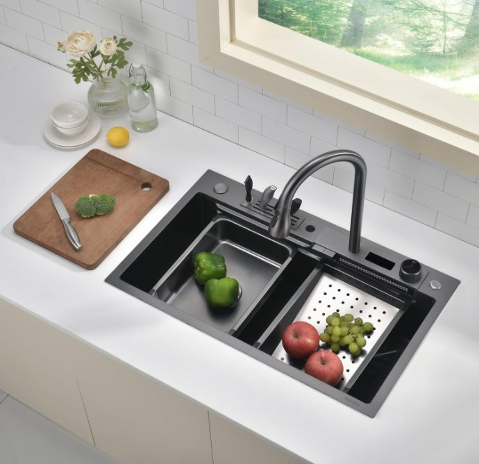 OEM ODM Customized 201/304 Bowl Undermount Stainless Steel Apron Farmhouse Handmade Smart Waterfall Multifunction Kitchen Sink