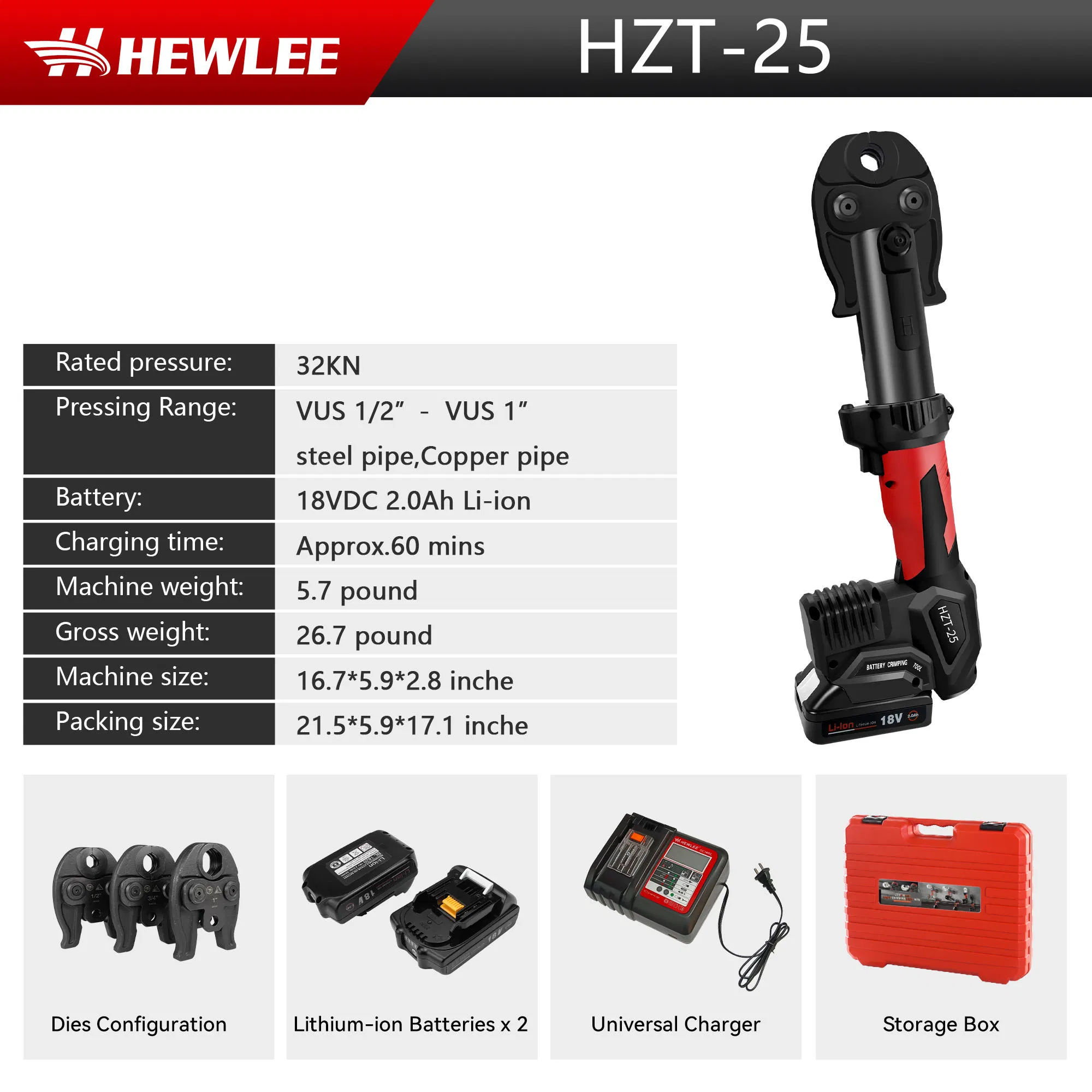 Hewlee Hzt-25 Battery Powered Pipe Crimping Tool Crimping Tool for Pipe Line