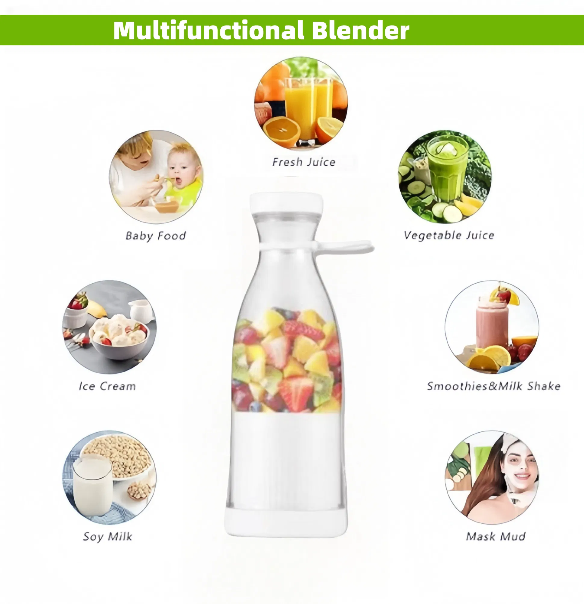 USB Rechargeable Portable Juicer Multifunctional Juice Bottle 42oml 3 in 1 Portable Blenders for Travel/Picnic/Office/Gym