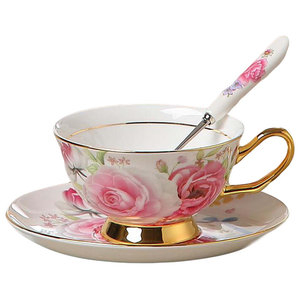 Gold Rim Rose Vintage Ceramic Tea Cup with Saucer