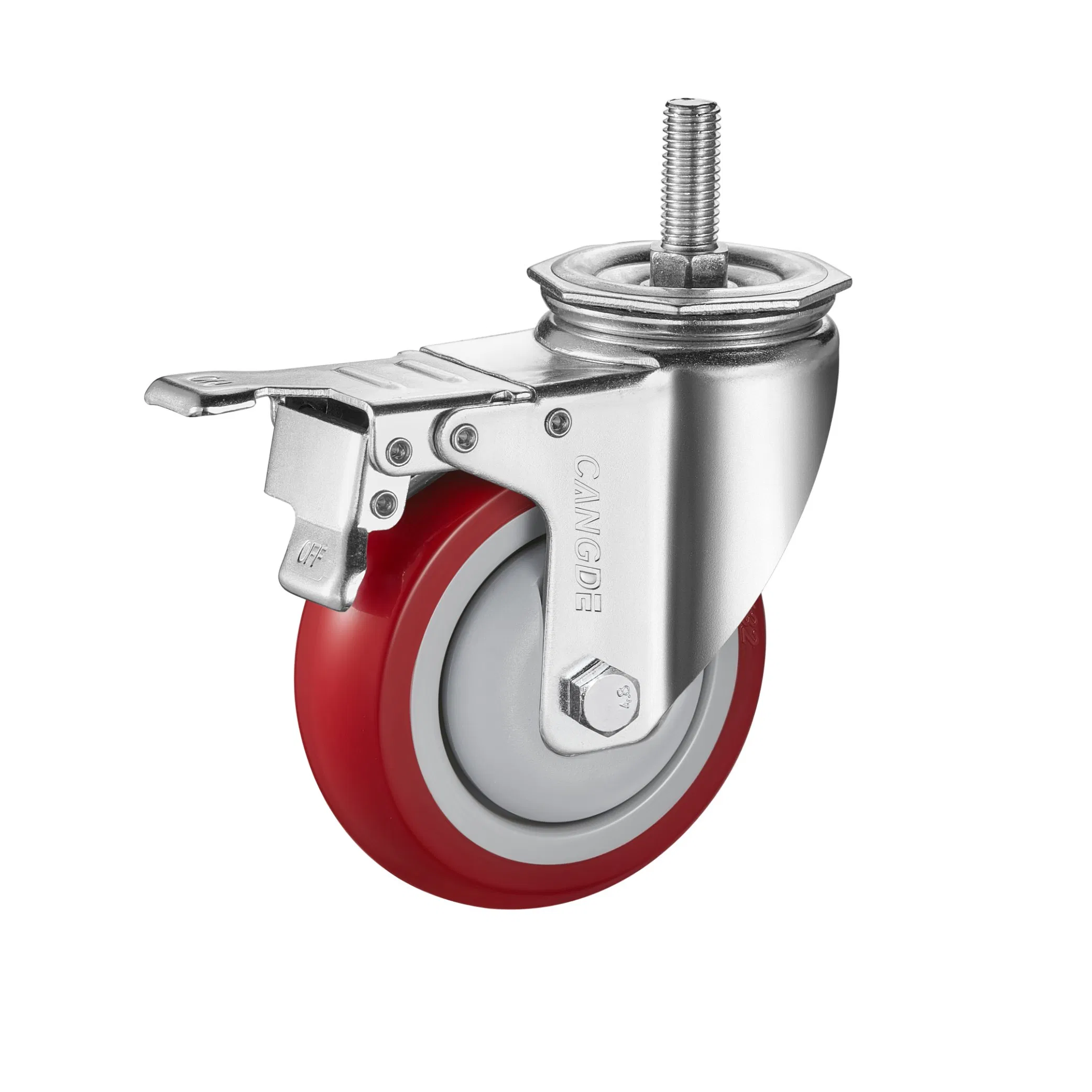 Red Polyurethane Wheels Caster M12*30mm Threaded Stem Casters with Brakes