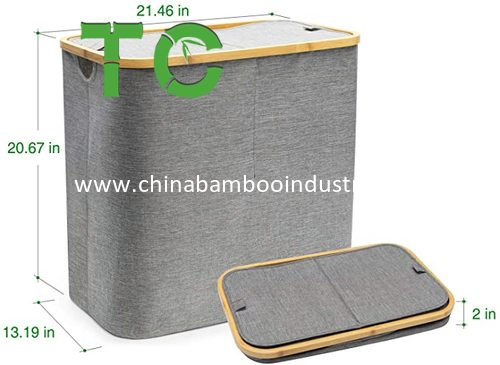 Wholesale Bamboo Double Laundry Hamper with Lid, Collapsible Dirty Clothes Basket with Handles, 2 Section Waterproof Small Clothes Hamper Storage