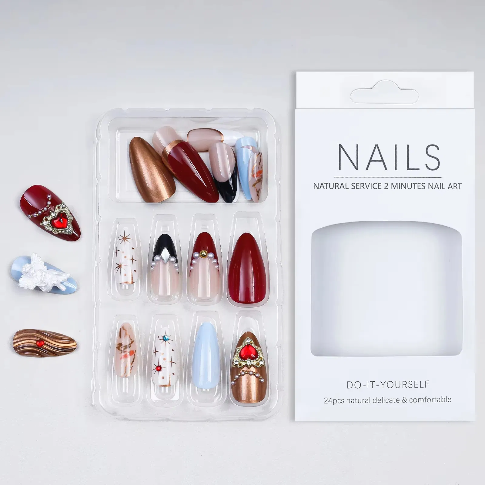 Vintage Angel Heart 3D Press-on Nails Set for Elegant Style