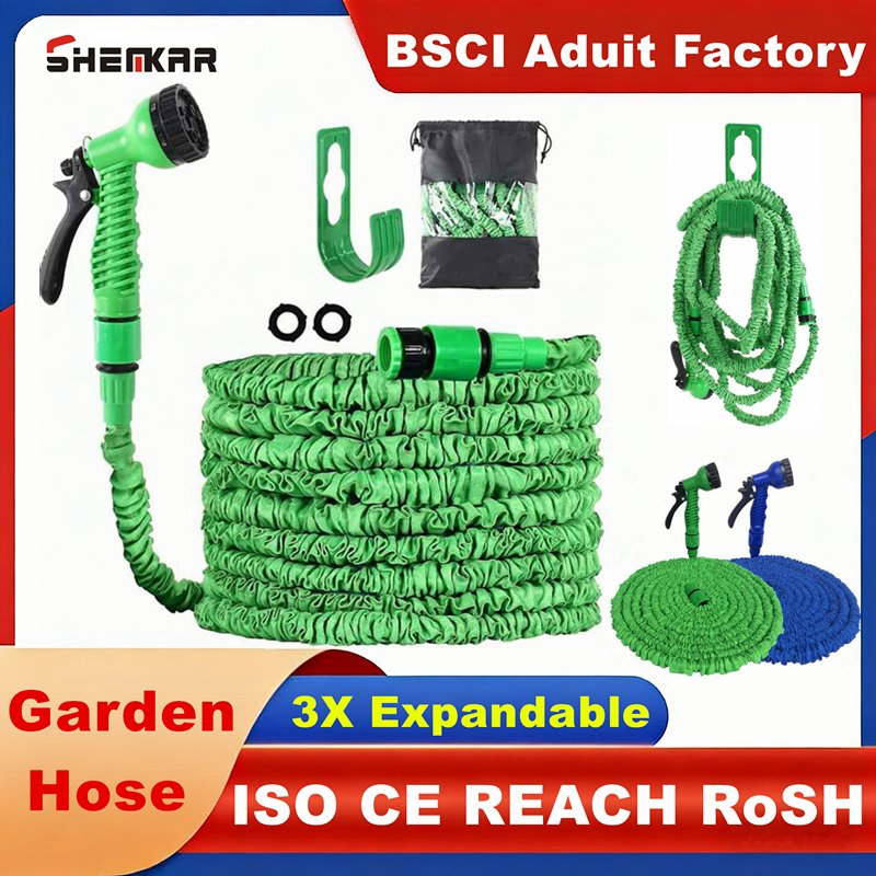 Durable Latex 3 Times Expanding Magic Expandable Water Garden Hose with 7 Functions Water Gun and Quick Connector