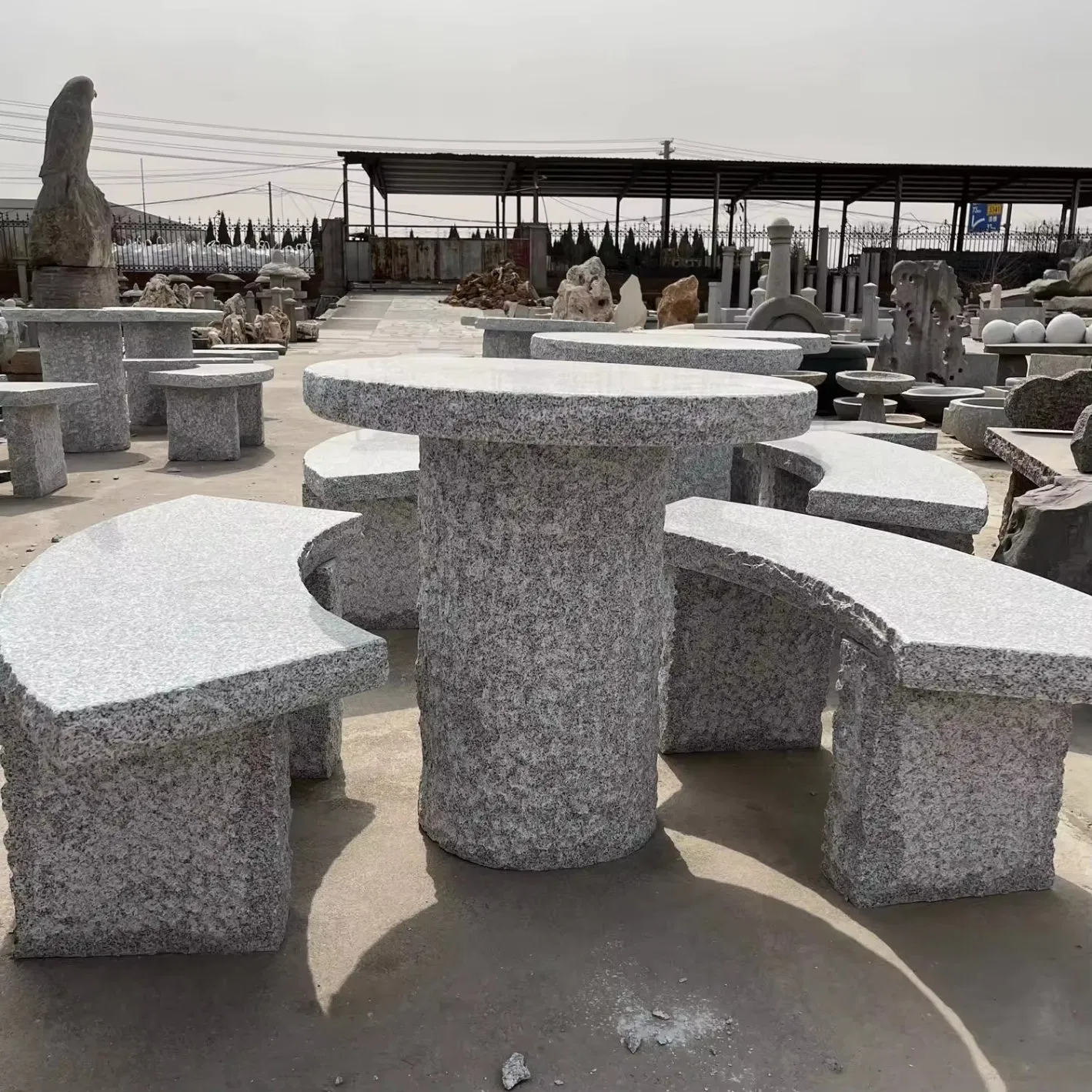 Hand-Carved Granite Stone Bench with Round Table