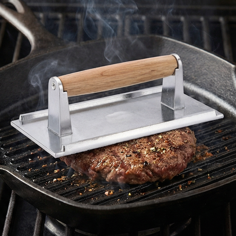 Burger Press Rectangle Heavy-Duty Cast Aluminium Alloy Smash Meat Steak with Wood Handle for Blackstone Camp Chef Pitboss Weber Treage Burger Presser