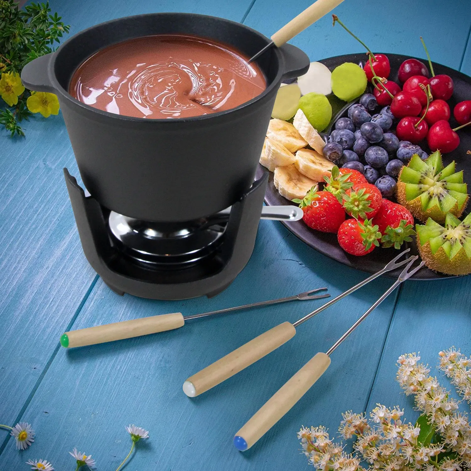 16.5cm Cast Iron Fondue Set for Cheese, Chocolate or Meat - Includes 6 Fondue Forks