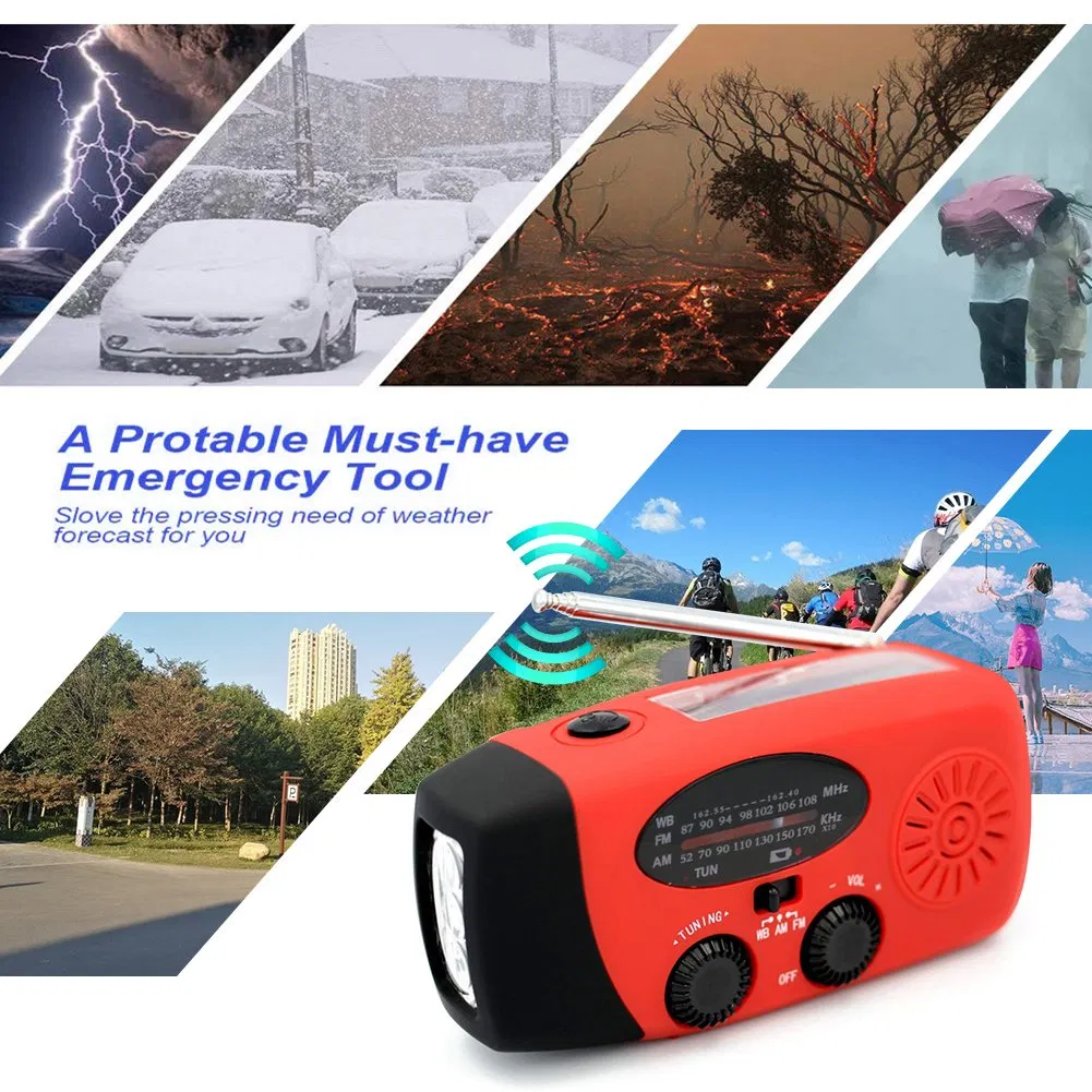 Hy-072 Emergency Hand Crank Solar Weather Am FM Noaa Radio with 2000mAh Power Bank Phone Charger - Red