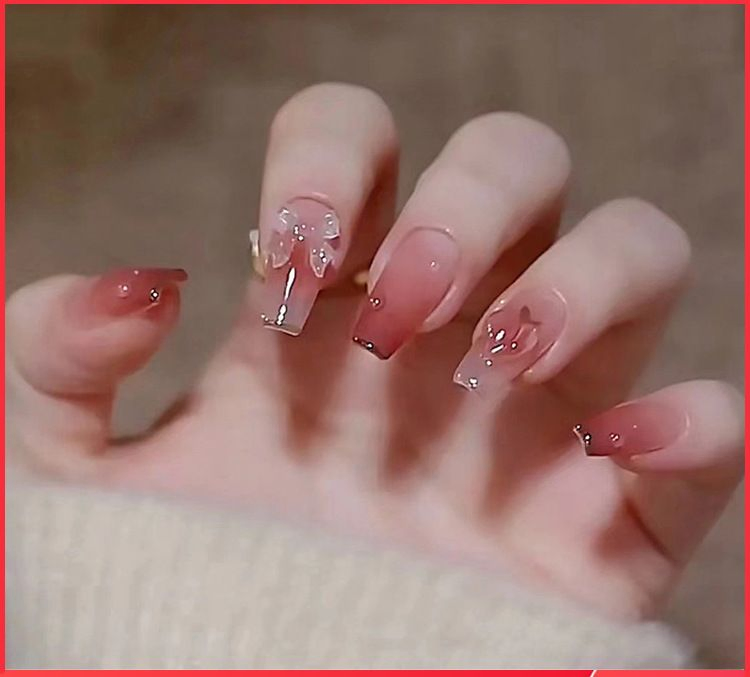 Medium Long Gradient Color Ballet Nail Nail Patch Bow Light Sense See Light Color Color Three-Dimensional Peach Wear Nail Piece