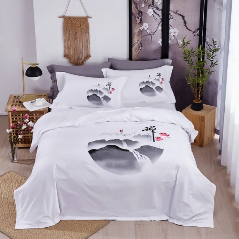 High Grade Hotel Textile Bedding Supplies 60s Cotton Satin Floral Plant Jet Printing Duvet Quilt Comforter Cover Guesthouse Bed Sheets ODM/OEM White Bedding Set