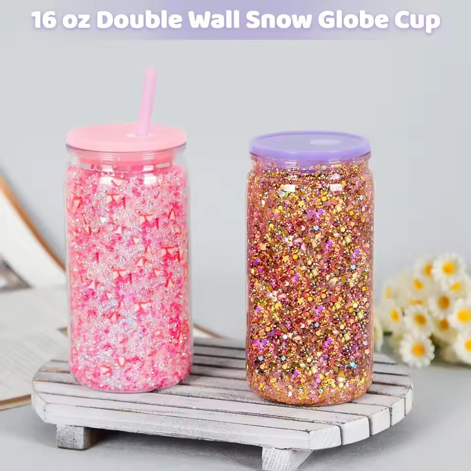 16oz Eco-Friendly Insulated Double Wall Plastic Snow Globe Tumbler Slim Design with Glitter PP Material Lid Straw Tea Wine Gifts
