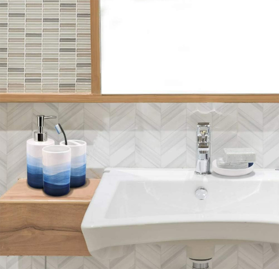 4 Piece Painted Ceramic Dispenser Soap Dish Sanitary Bathroom Accessory Set