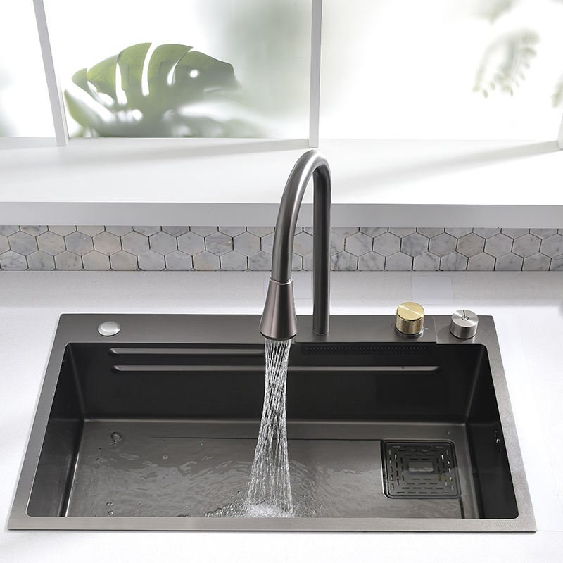 Single Bowl Black Steel Kitchen Sinks Waterfall Washbasin Kitchen Sink Handmade Stainless Steel Sink Kitchen Sink