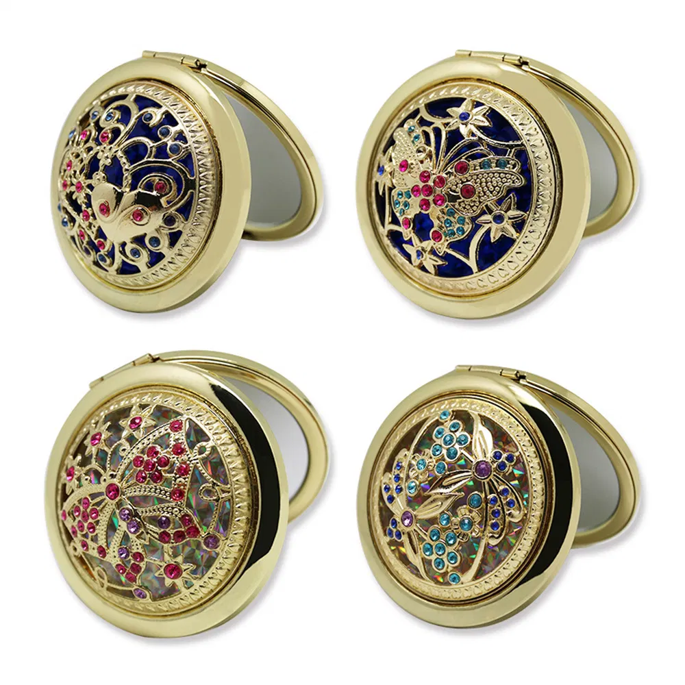 Factory Wholesale Custom Logo Fashion Gift Folding Antique Brass Hollow Makeup Mirror LED Mirror Makeup