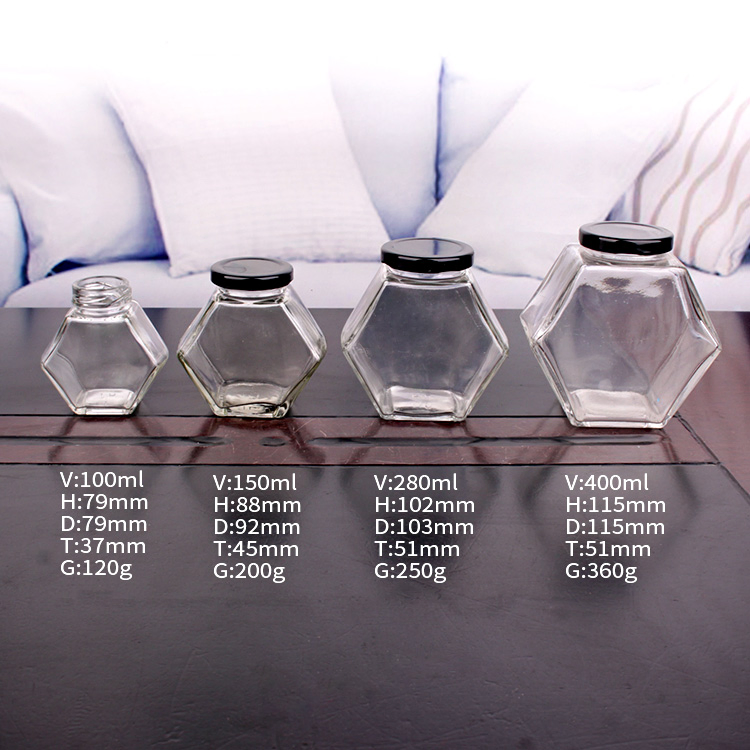 High Quality 100ml 150ml 280ml 400ml Flat Hexagonal Honey Jam Food Jar with Metal Twist off Lid