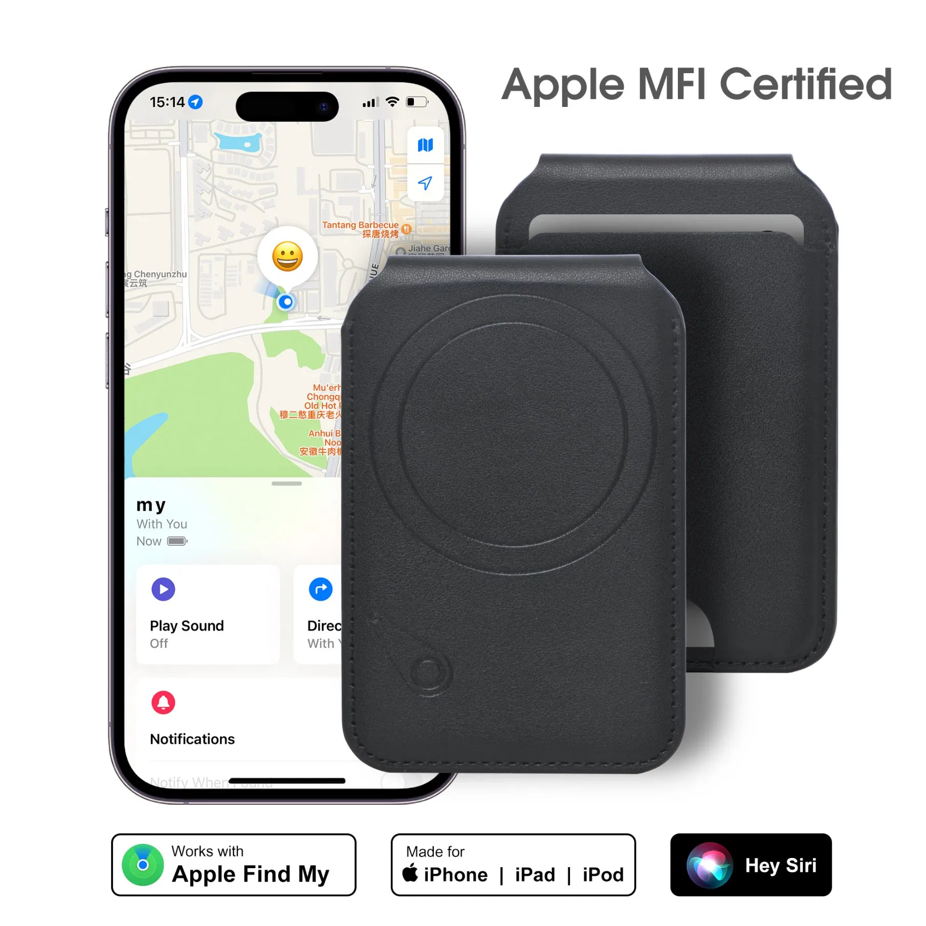 Find My 2025 GPS Location PU Leather Magnet Smart Phone ID Card Holder Wallet External Slot Pocket for iPhone with Magsafe