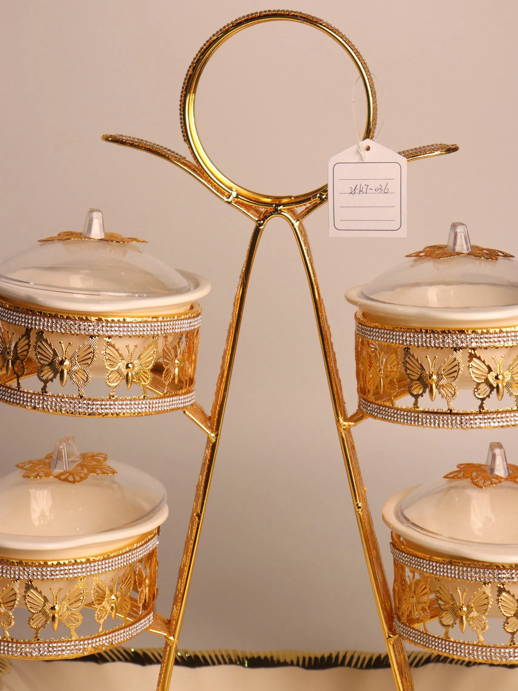 Home Ornament Gold-Plated Iron Frame with Large Size Round Four-Panel Ceramic Bowl