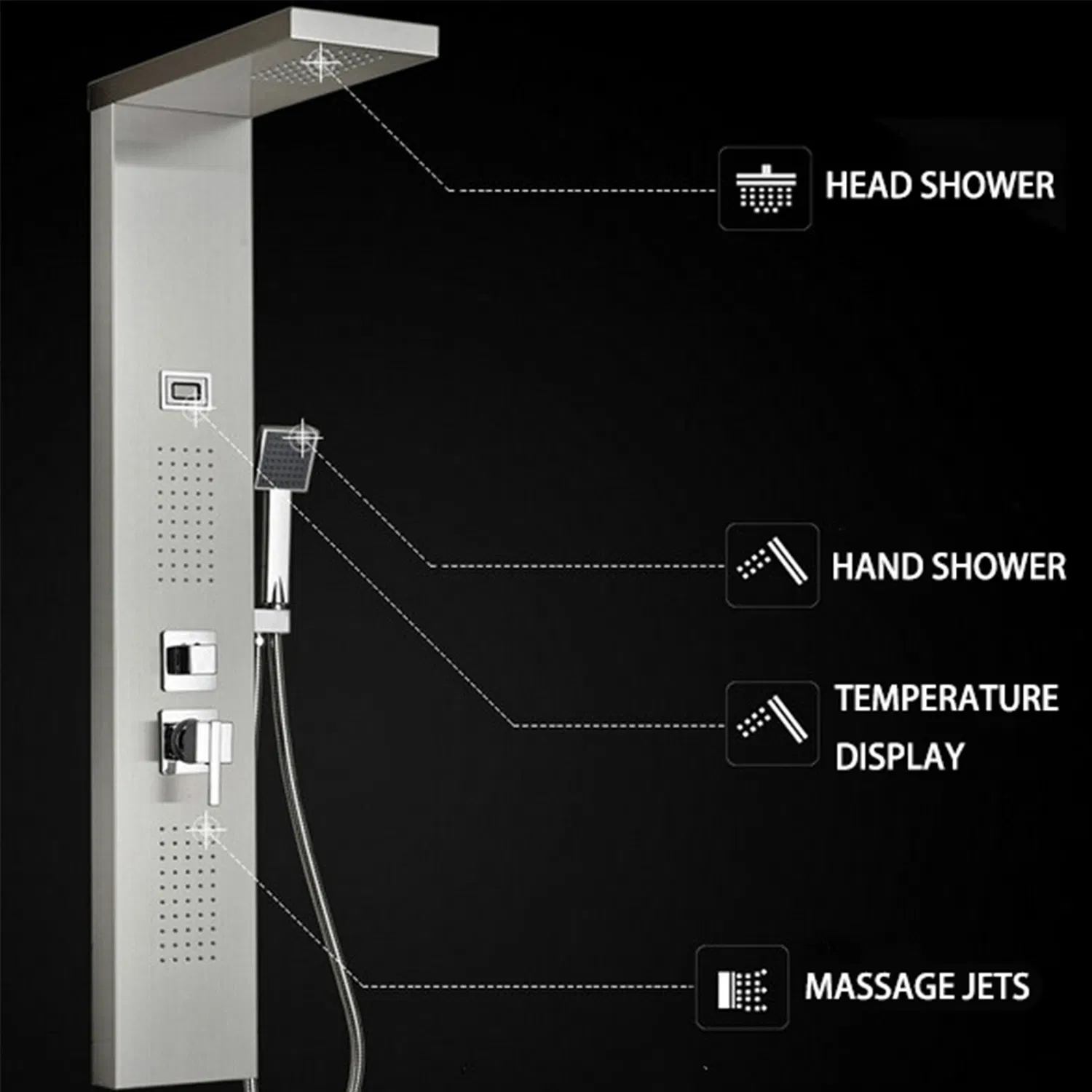 Temperature Display 304 Stainless Steel Massage Rainfall Shower Bathroom Shower Wall Panel