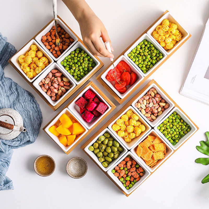 Bamboo Snack Storage Tray Creative Multi Grid Fruit Dessert Plates Multifunction Mini Ceramic Foods Classify Snack Dishes