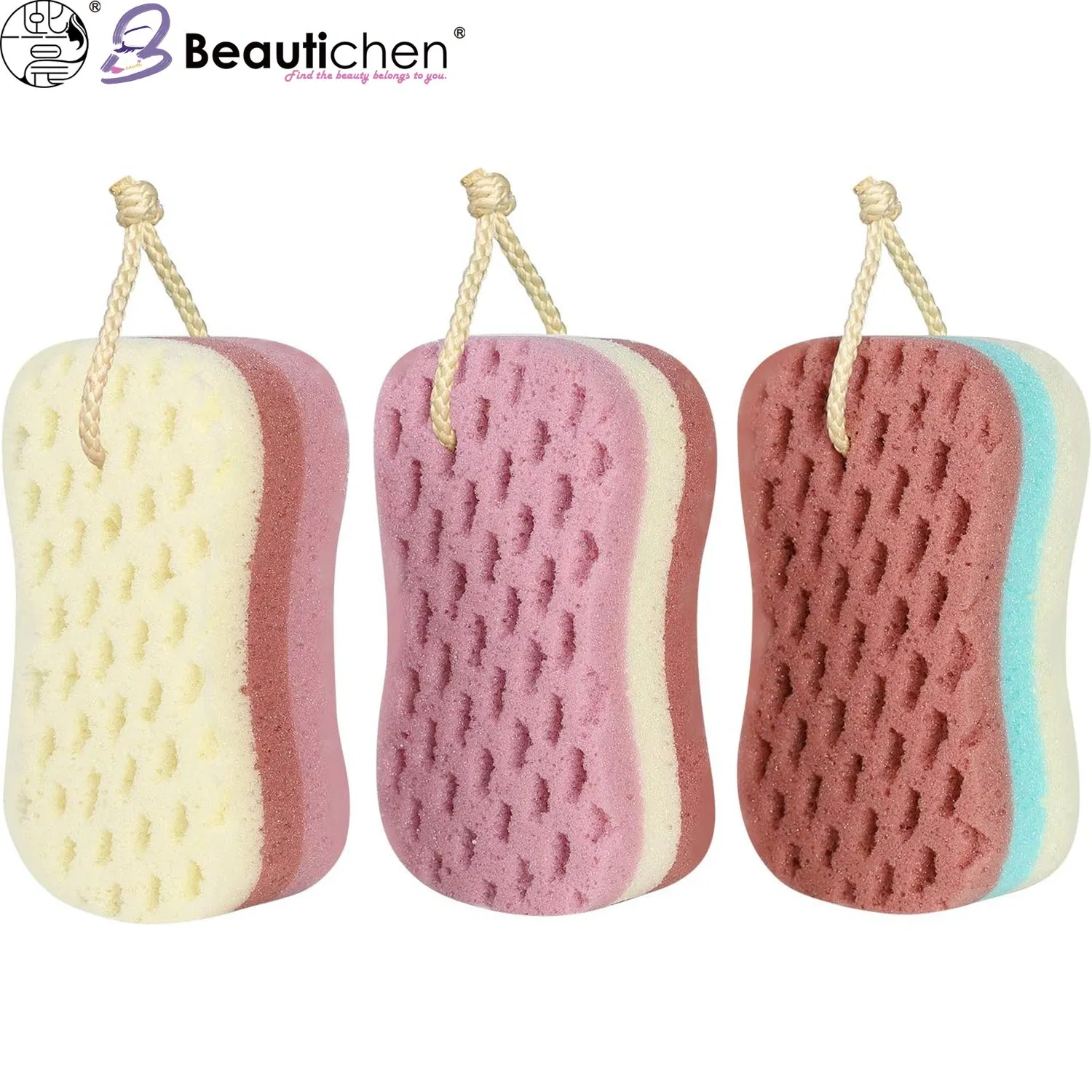Beautichen Exfoliating Bath Sponge Scrubber – Long Textured Shower Sponge with Hanging Rope, Gentle Body Scrub for Dead Skin Removal & Daily Cleansing