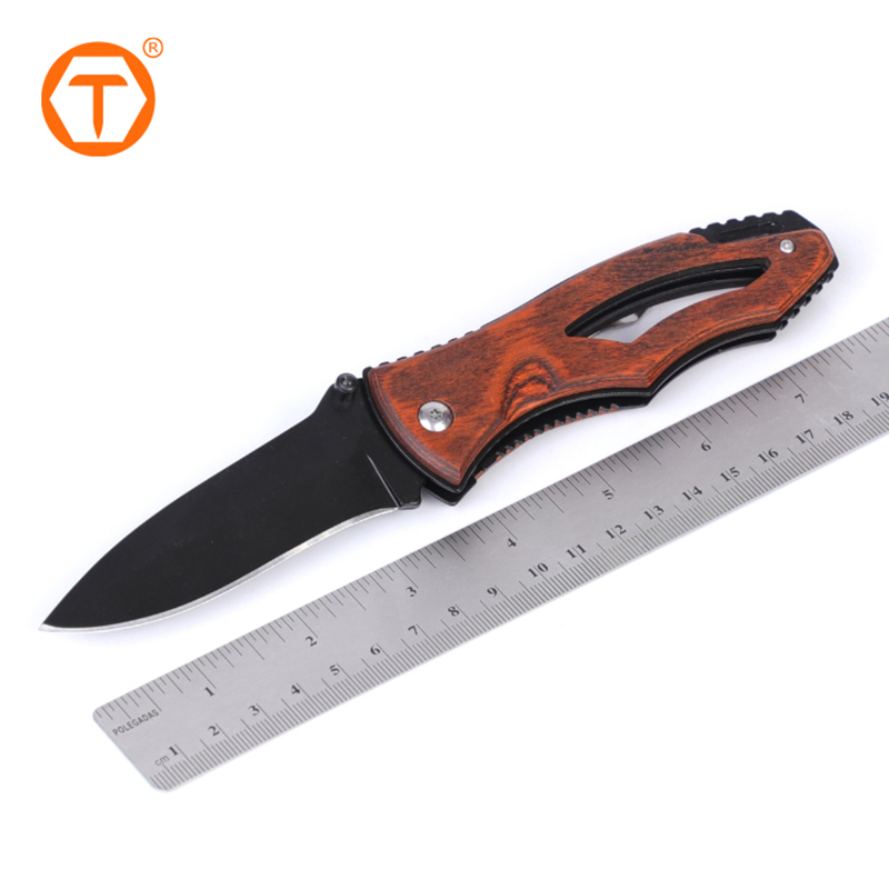 OEM 115mm Black Blade Outdoor Rescue Folding Pocket Knives with Hollow Wooden Handle