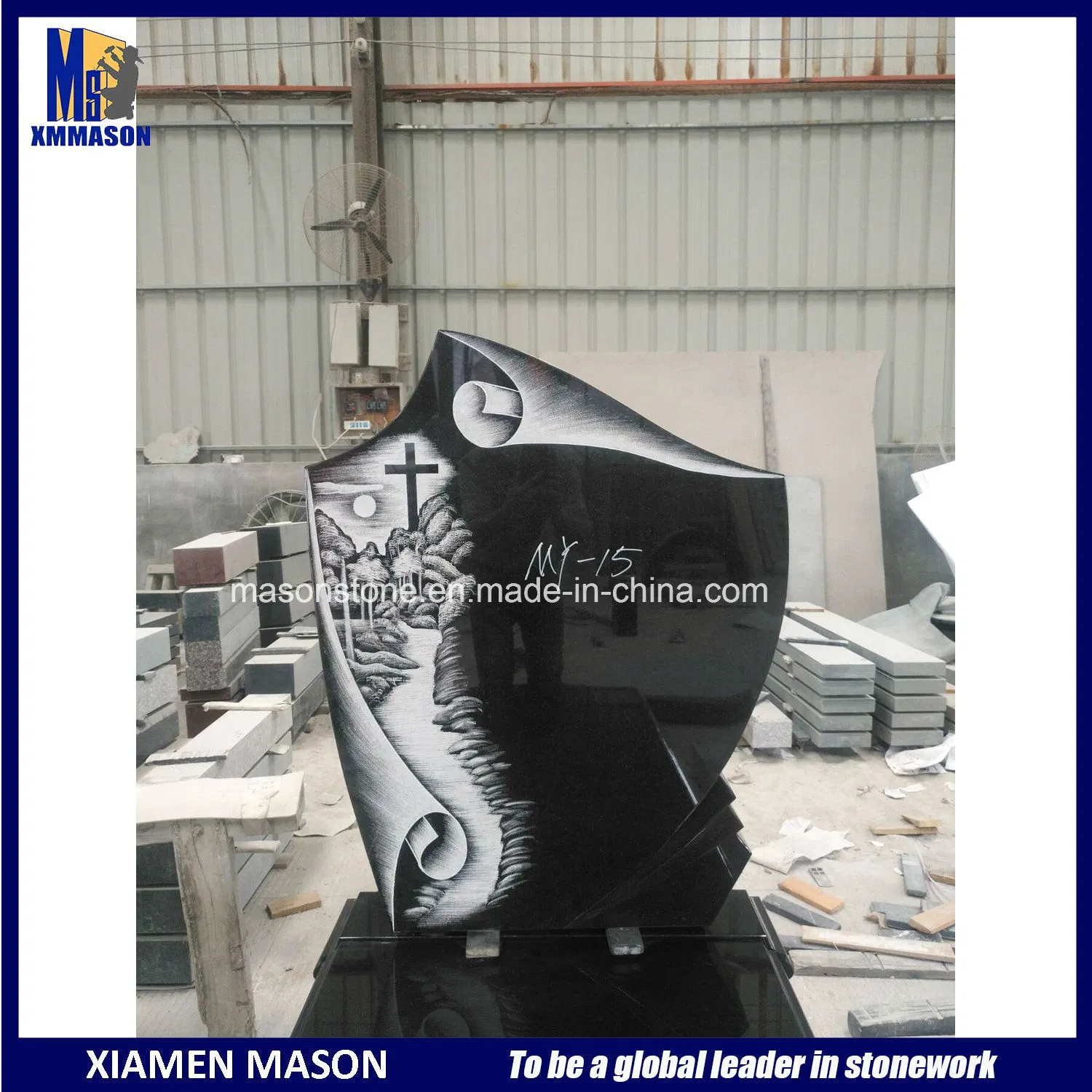 Modern Black Tombstone Design with Carving for Sale