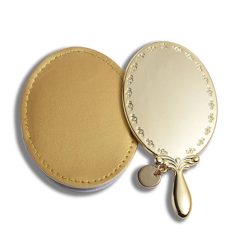 PU Pouch Gold Plated Mini Oval Handheld Portable Compact Mirror Pendant