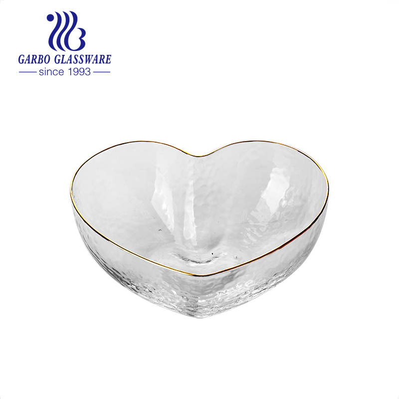 550ml Heart Shape Clear Crystal Glass Fruit Salad Sugar Bowl with Gold Rim for Wedding Decoration