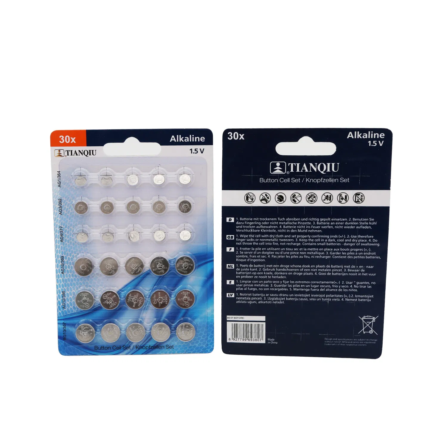 Набор батареек-таблеток Tianqiu 1.5V, 30 шт (LR621, LR44 и др.)