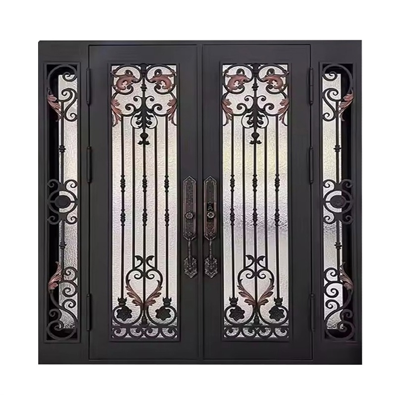 Golden Color Glass Steel Door with Pillar Residential Customized Design Steel Glass Transom Wrought Iron Doors