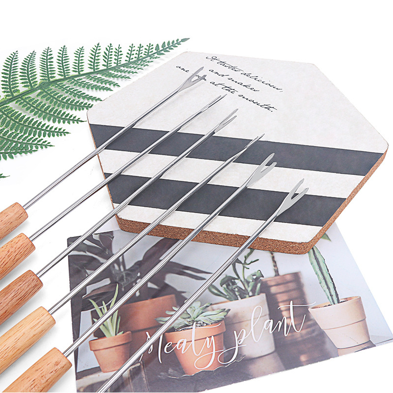 6-Piece Set of Oak Handled Swiss Cheese Hotpot Fork Cheese Chocolate Hotpot Fork