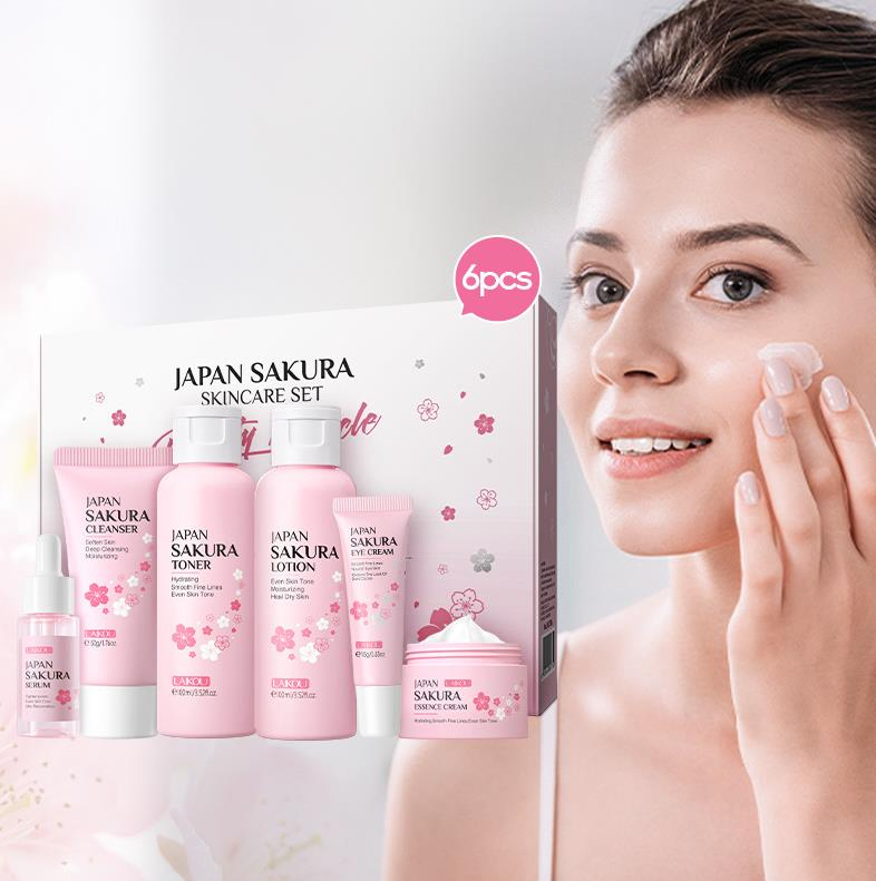 Online Wholesale Ready to Ship Sakura 6PCS Best Skin Care Set Products Improve Wrinkle Rough Skin Cleanser Toner Serum Eye Cream Face Essence Cream