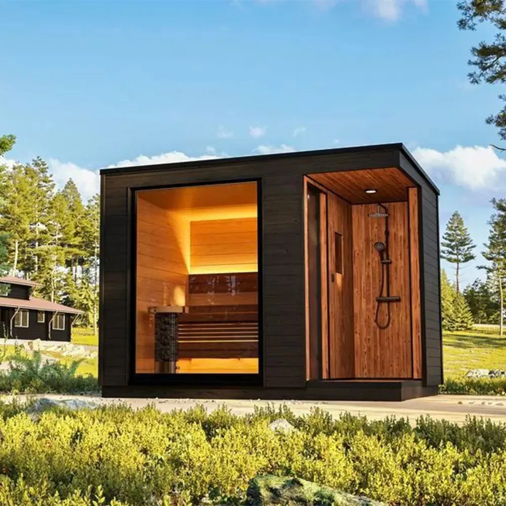 Современная уличная сауна-кабина с душем и окном